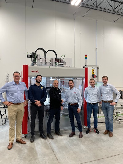 Celebrating the first Factory Acceptance Test is, from left to right: Ryan Schumacher, SOMIC Packaging’s East coast sales manager; Jason Unanue, project manager and Disney Arrubla, Engineering Director for GOYA Foods; SOMIC Packaging CEO Peter Fox; Lukas Ruhland, SOMIC’s Installations manager; and Benedikt Englbrechtinger, SOMIC’s Manufacturing Ramp-Up manager.
