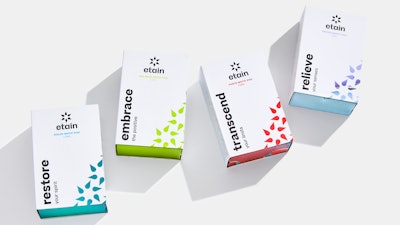 Each carton carries a statement starting with a big verb—restore, transcend, embrace, or relieve—to underscore the benefits of the different formulations.