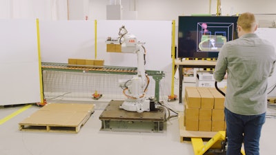 Veo Robotics’ FreeMove system being tested with an ABB robot in a palletizing operation.