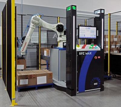 The RPZ-MAX, equipped with Kawasaki Robotics R series general-purpose robots, is a small-footprint, point-of-use palletizer with one or two pallet stations.