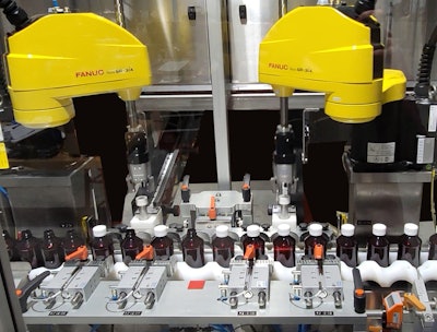 ESS Technologies’ Robotic Capping System integrates one, two, or three Fanuc SR-3iA robots with an ESS-designed gripper-style EOAT.