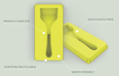 The tray is made from bamboo and bagasse, which were chosen because the materials are local to the facility in Asia where the packaging is being manufactured.