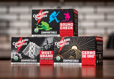 Oakland Coffee worked with independent artists, including concert photographers, graphic designers, and studio artists, with each packaging design showcasing a different designer or artist collaboration.