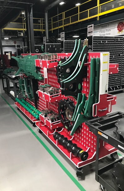 Beam Suntory’s Matt Roberge opted for portable racks with an inverted ‘T’ shape to help save space both on the floor and in inventory in the dedicated changeparts department.