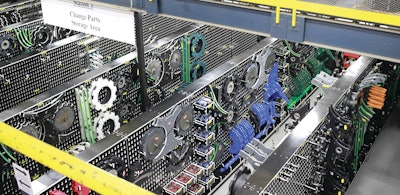 Cleaned, organized changepart racks in storage, prior to being deployed to their designated packaging line and filling application.