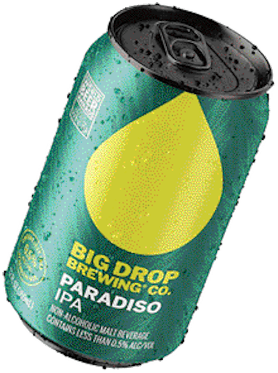 Packaging for Big Drop’s Paradiso Citra IPA places the focus on quality, not the alcoholic content, of the non-alcohol craft beer.
