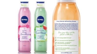 Nivea’s Shower Fresh Blends line of shower gels, introduced in 2020, is packaged in PET bottles made from 97% rPET.