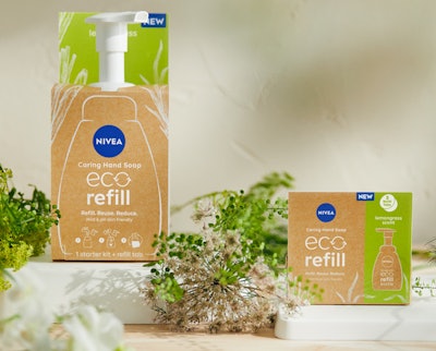 Nivea’s new EcoRefill Hand Soap system, available at Tesco in the U.K. and online, includes a refillable/reusable plastic pump bottle and dissolvable soap tablets.