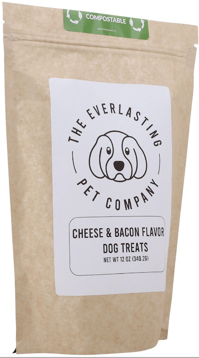 Dog treats from the Everlasting Pet Company are packaged in a paper bag, with the liner being a compostable laminated film.