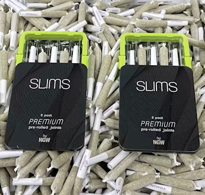 Slims branded finished pre-roll product in secondary packaging as 5-pack, as seen at dispensaries in Illinois. Pictured are Slims 0.5-g pre-rolls, but 1-g Slims XL pre-rolls, also produced on the machine, are available in singles in a J-tube format.