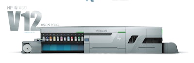 The HP Indigo V12 narrow-web digital press uses six imaging engines that operate simultaneously to print six-color labels at speeds to 394 ft/min.