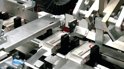 Tuck tab flaps are subducted under a metal flange after erecting for easier loading of trays of ammunition.