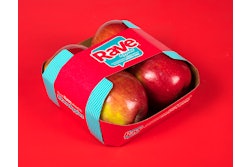 The EZ Band comprises a paperboard tray that holds four apples coupled with a paper band that encircles the tray top to bottom.