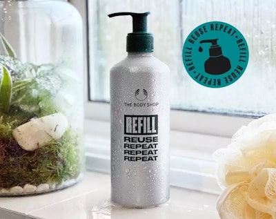 The reusable, 10-oz bottle for shower gel, shampoo, conditioner, and hand wash refills is made from 100% PCR aluminum.