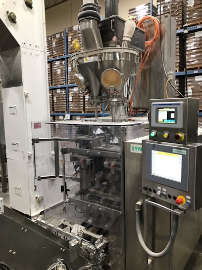 EnterpriseCP added two Syntegon vf/f/s baggers to fill macaroni and cheese seasonings and sauce into pouches, which are then fed into the product cartons.