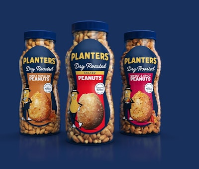 Along with a new hourglass shape, the updated Planters Dry Roasted Peanuts package also got a new label—peanut shaped as well—designed to emphasize the line’s distinctive flavors.