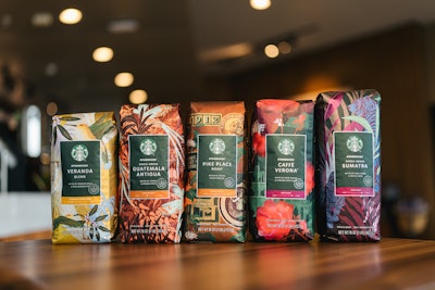 Starbucks redesigned the packaging for its five core whole-bean varieties with graphics that translate the people, moments, and experiences associated with each blend into art.