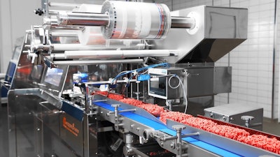 The FW3710B box-motion, wet-duty stainless steel wrapper can handle ground meat loafs up to 35 to 40 lb. in an 8-in.-wide format at speeds to 120/min plus.