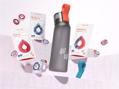 The Air Up system comprises a refillable water bottle and flavor pods, sold in 3-ct pouches, available in a range of colors and flavors, respectively.