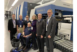 (Left to right) Sam Pernice, Koenig & Bauer Director of Sales & Service for the MetalPrint Division; Rick Huether, President and CEO of ICC; Ryan Huether, COO of ICC; Doug Huether, Chairman Emeritus of ICC; Cathy Huether McClelland, family member and shareholder; Mac McClelland, shareholder of ICC; and Pekka Hobbeling, Managing Director of Koenig & Bauer MetalPrint.