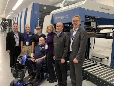 (Left to right) Sam Pernice, Koenig & Bauer Director of Sales & Service for the MetalPrint Division; Rick Huether, President and CEO of ICC; Ryan Huether, COO of ICC; Doug Huether, Chairman Emeritus of ICC; Cathy Huether McClelland, family member and shareholder; Mac McClelland, shareholder of ICC; and Pekka Hobbeling, Managing Director of Koenig & Bauer MetalPrint.