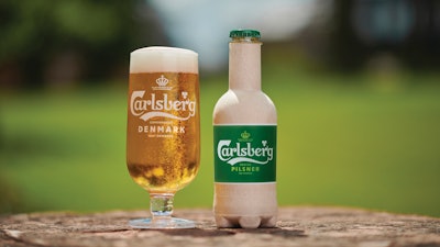 Version 2.0 of Carlsberg’s paper bottle has an inner lining injection stretch blow molded of PEF, and it takes a steel crown. In development: an inner coating of PEF and a paper cap (opposite).