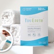 Tru Earth’s Eco-Strips dissolvable laundry detergent strips are packaged in a recyclable, compostable paperboard envelope that contains 8, 32, 64, or 384 strips/pack.