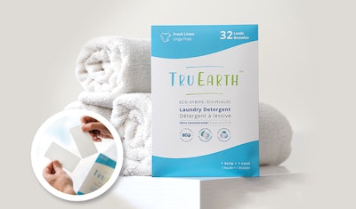 Tru Earth’s Eco-Strips dissolvable laundry detergent strips are packaged in a recyclable, compostable paperboard envelope that contains 8, 32, 64, or 384 strips/pack.