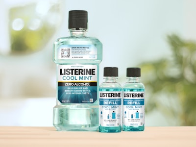 New Listerine concentrate refills in a 100-mL PET bottle are said to use 60% less plastic when compared to a standard 500-mL bottle of Listerine.