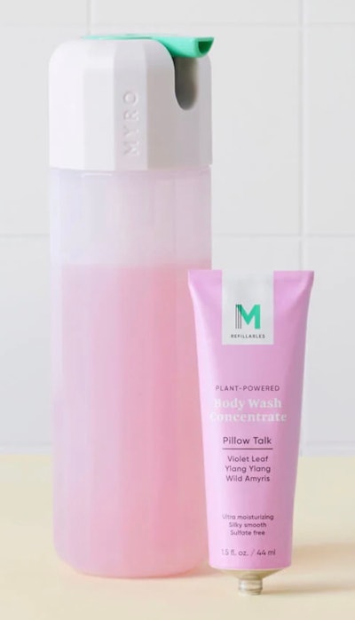 Myro offers its body wash concentrate in an aluminum tube, perfect for squeezing, with a reusable bottle designed with aesthetics in mind.