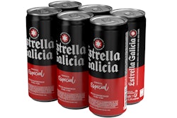 Dots of adhesive at each joint between the six cans in a 6-pack obviate Estrella Galicia's legacy paperboard multipacks.