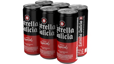 Dots of adhesive at each joint between the six cans in a 6-pack obviate Estrella Galicia's legacy paperboard multipacks.