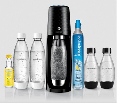 The SodaStream Sparkling Water Maker is a home carbonation system that includes a machine, a carbon dioxide cylinder, and a plastic bottle designed to be reused for up to three years.
