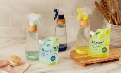 Thrive Market’s new Rosey line of household cleaning products includes three refill/reuse option, pairing concentrate in a flexible pouch with counter-worthy, reusable glass bottles.