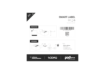 The user cuts the corner of the adhesive label to activate it, places it on the box/shipment, and scans a barcode with a smartphone. (POD Group)