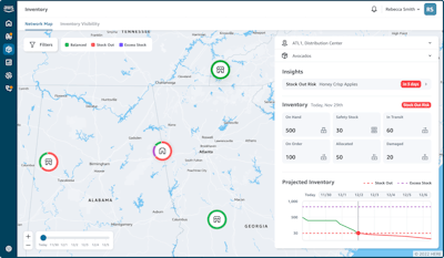 The AWS Supply Chain map provides visibility into where inventory is in stock or has an out-of-stock risk, providing a mechanism to drill down into the product levels.