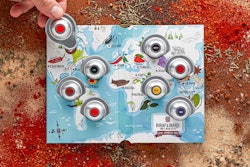 Once opened, the Spice Passport displays a playfully illustrated world map, with spice samples packaged in recyclable aluminum pods slotted into the card according to their country of origin.