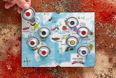 Once opened, the Spice Passport displays a playfully illustrated world map, with spice samples packaged in recyclable aluminum pods slotted into the card according to their country of origin.