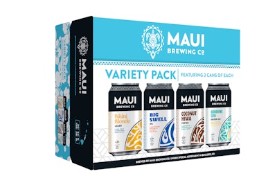 The new cartons, for four-, six-, 12-, and 24-ct multipacks of single and mixed SKUs, were designed in-house by Maui Brewing’s marketing team.