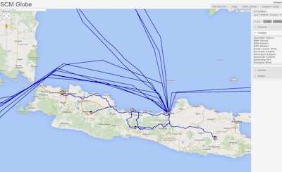 Facility icons placed on a digital map show real locations of actual facilities. Blue lines show delivery routes for trucks and ships.