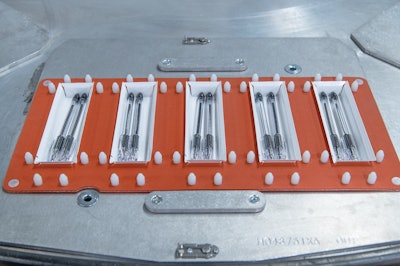 Forming occurs mechanically after the blank is dropped into the nesting tray. Alloyd has engineered the tooling to perform this action prior to product load. Depth of draw is less than 1-in.