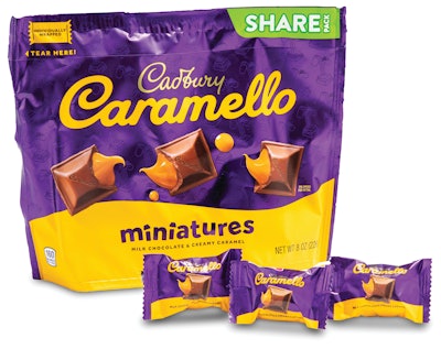 Cadbury Caramello’s trademarked yellow and purple package gets a makeover. To improve the shelf appearance of this product, Cadbury went from a gloss finish to a luxurious new matte finish design. The high-quality graphics are printed rotogravure with nine colors. The unique matte/metallic appearance of this pouch is achieved by contrasting transparent and opaque inks. In a field of glossy packages, this package differentiates itself from other candy on the shelf by virtue of its elegant, understated matte finish.