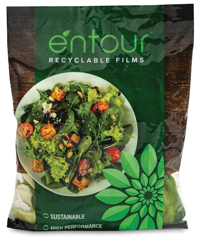 Berry Global launched a recyclable polyethylene film solution for fresh-cut produce applications. These applications often require strong seals in a cold packaging environment and customized oxygen transmission rates. As a part of the Entour product line, this solution features films that are designed for front-of-store recycling. The package features an Entour Shield sealant web that has been engineered to offer high breathability and an Entour Bold MDO-PE reverse print web that has been engineered with excellent clarity, gloss, and stiffness. When combined, they can achieve commercial OTR ranges that can replace mixed material BOPP laminations. Both films are How2Recycle pre-qualified.