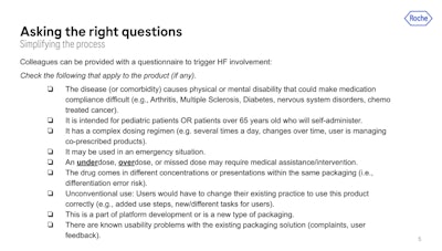 McIntire highlighted a checklist she uses in packaging projects to determine if human factors should be involved (Image: Roche/Tiffany McIntire via Pharmapack Europe)