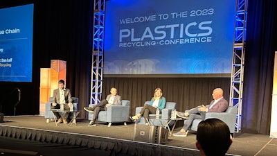 From left, Dan Leif, managing editor at Resource Recycling, Inc.; Brent Bell, president, Waste Management; Haley Lowry, global sustainability director, Dow; and Jon Stephens, CEO, Natura PCR.