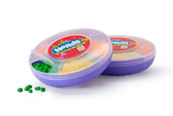 The colorful new container holds 2.1 oz of strawberry-, orange-, watermelon-, cherry-, and lemonade-flavored Original Nerds candies, or one mini box (12 g) of each.