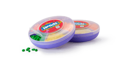 The colorful new container holds 2.1 oz of strawberry-, orange-, watermelon-, cherry-, and lemonade-flavored Original Nerds candies, or one mini box (12 g) of each.