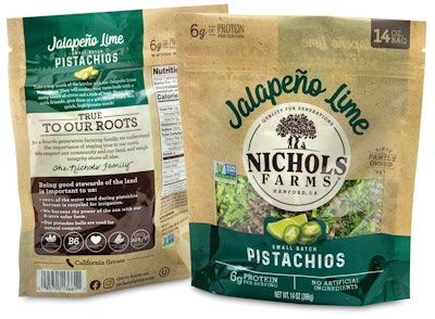 Nichols Farms, Jalapeño Lime Pistachios use a unique package blazing a new trail with a brand-new paper-like texture. Together, PPC Flexible Packaging and INX developed specially made plates and ink to create a rough paper feel. Now the bags’ tactile feel can make an impact to complement the attractive designs printed on them, the company says.