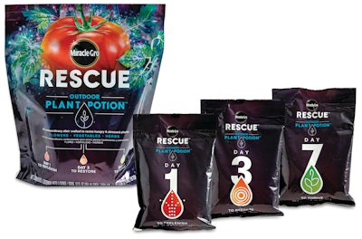 Scotts Miracle-Gro Rescue Outdoor Plant Potion is specifically designed for the rigors of e-commerce and consumer convenience. Three portioned sachets with easy-tear tops are packaged inside a larger stand-up pouch to ensure the plant treatments remain together.