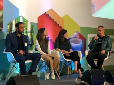 From l. to r., Mesbah Sabur of Circularise, Liz Corbin of Materiom, Claire Rampen of Reath, and Patrick Teyssonneyre of Xinterra, share their innovations during a Technology Showcase, ‘Digital Solutions Supporting Efficiencies in Materials,’ at the Rethinking Materials Summit.